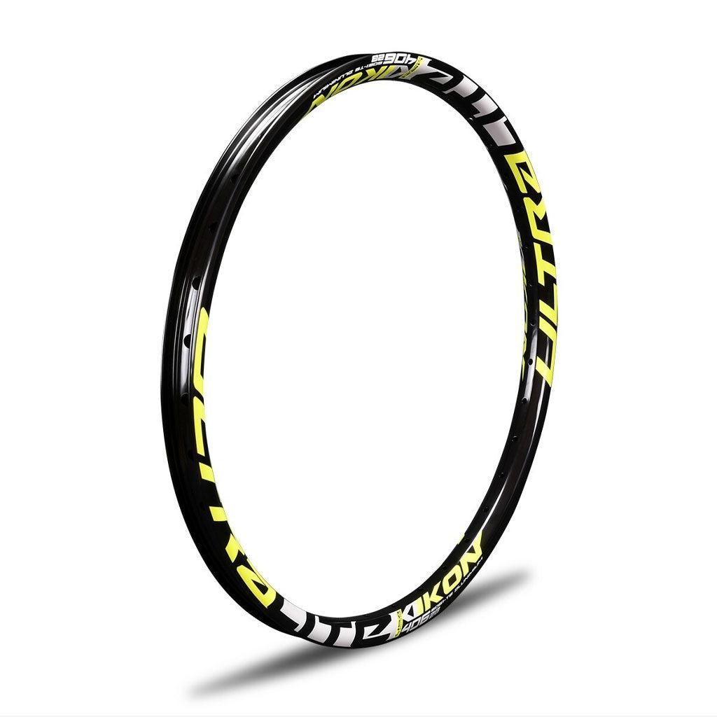 A black and yellow IKON ALLOY RIM (20 x 1.75 Non-BRAKE).