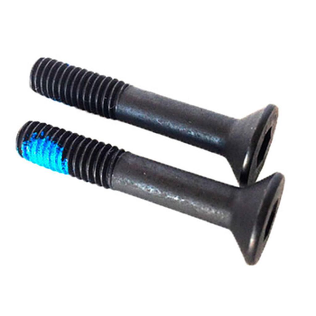 Two black S & M Flush Mount Brake Bolts are shown side by side on a white background. One bolt has blue threadlocker on part of its M6 threads.