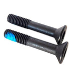 Two S&M Flush Mount Brake Bolts in black, with M6 threads—one has blue threadlocker. Perfect fit for 990 U brakes.