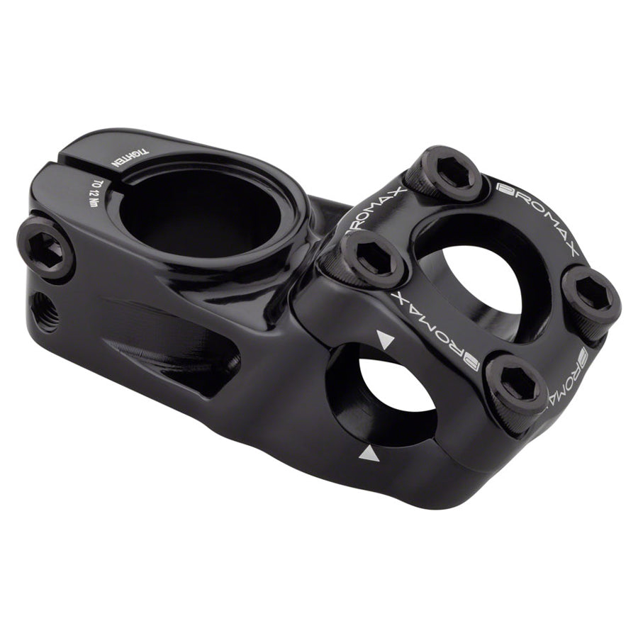 A Promax Impact Toploader Stem black bicycle stem designed for BMX racing and freestyle, featuring two holes.