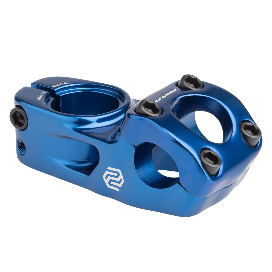 A Promax Impact Toploader Stem for BMX racing and freestyle with a blue color and two holes.
