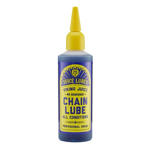 A bottle of Juice Lubes Viking Juice (Chain Lube Oil) with a yellow label and nozzle, designed for professional-grade, long-lasting bike lubrication in all conditions.