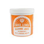 A white tub with an orange label for Juice Lubes Bearing Juice (Lithium Waterproof Grease), a UK-made bicycle grease that protects against corrosion and keeps your bike running smoothly.