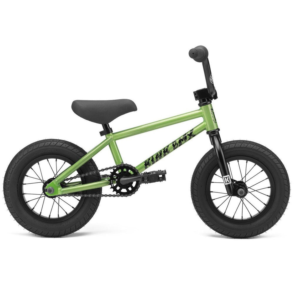Kids Kink Roaster 12 Inch BMX bike with black tires and seat, featuring a high-gloss frame and visible brand logos on the body.