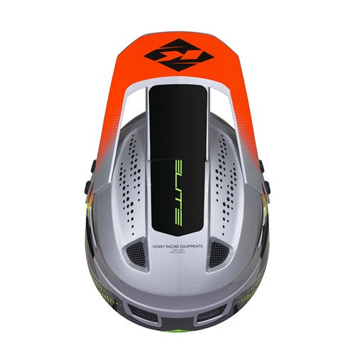 Top view of the Kenny Racing Helmet Elite Graphic Silver—a silver and orange BMX race helmet with ventilation holes and a black stripe displaying “ELITE” in green letters. This lightweight helmet combines style and performance, making it an excellent choice for riders seeking both comfort and protection.