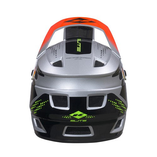 A front view of the Kenny Racing Helmet Elite Graphic Silver BMX helmet, showcasing a lightweight design in silver, black, and orange with green accents and the word “ELITE” displayed on the chin and top.
