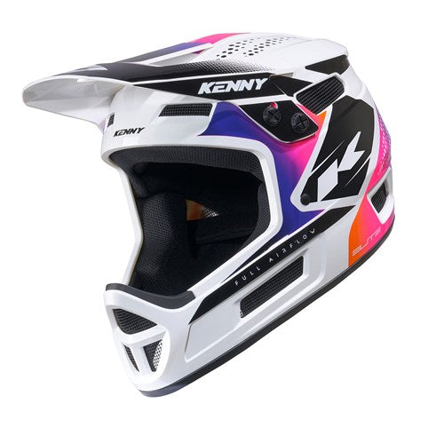 The Kenny Racing Helmet Elite / White Gradient features a white base with black, purple, pink, and orange gradient accents, highlighted by the KENNY logo and a striking black geometric design on the side. Specifically engineered for BMX riders, this helmet offers standout style and exceptional performance.