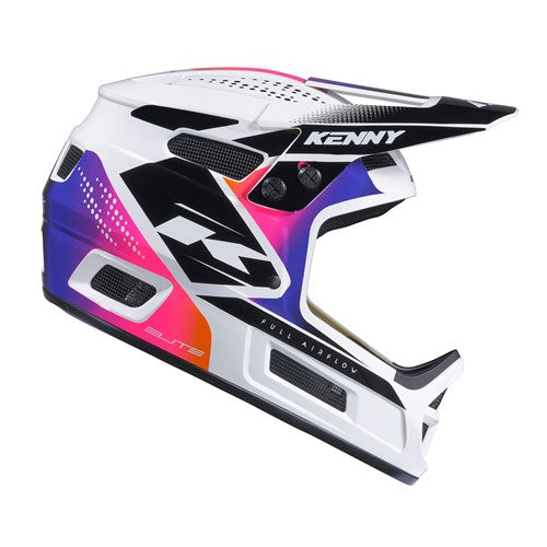The Kenny Racing Helmet Elite / White Gradient is a full-face BMX-specific helmet in XXXS size, featuring a white, black, purple, and pink gradient design with a visor and prominent “KENNY” branding on top—perfect for younger riders who want both safety and style.