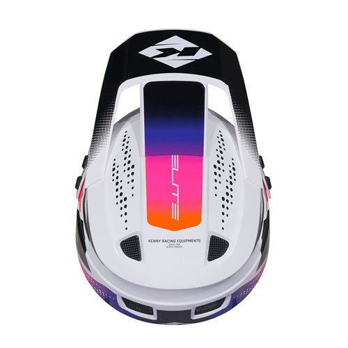 Top view of the Kenny Racing Helmet Elite / White Gradient, a white BMX-specific helmet featuring black, blue, purple, orange, and pink accents, ventilation holes, and “ELITE” text on the center stripe. This XXXS helmet is designed for young riders seeking the lightest BMX race helmet without compromising on style or safety.