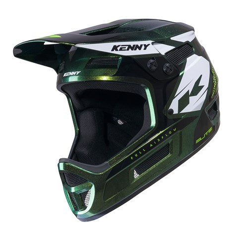 Introducing the Kenny Racing Helmet Elite Graphic Chameleon Green—a lightweight full-face BMX helmet in matte black and chameleon green, featuring a visor, ventilation openings, and bold “KENNY” branding on the front and side. Designed for both style and performance.