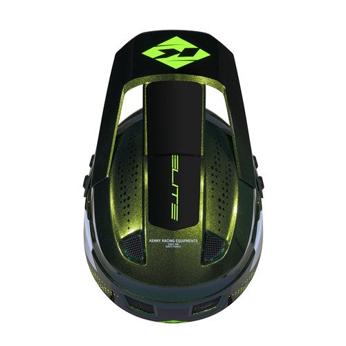 Top view of the Kenny Racing Helmet Elite Graphic Chameleon Green—a green and black BMX race helmet featuring a central black stripe, ventilation holes, and “ELITE” printed prominently in the middle. This lightweight BMX helmet blends style with performance, making it an ideal choice for riders who prioritize both safety and speed.