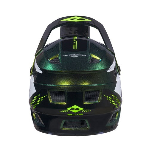 The Kenny Racing Helmet Elite Graphic Chameleon Green is shown from the front, featuring black and green colors with bold yellow accents that highlight its vents, visor, and striking graphic details. Designed as a lightweight BMX helmet, it combines style and protection—making it ideal for young riders who want a standout kids BMX helmet on the track.