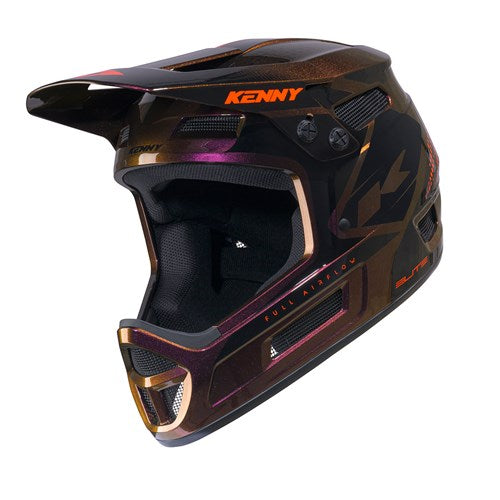 The Kenny Racing Helmet Elite Graphic Chameleon Orange is a lightweight, full-face motocross helmet featuring a striking black and metallic orange design with “KENNY” branding on the visor and chin area. Designed for both safety and comfort, it includes a protective visor and side ventilation openings, making it an ideal choice for BMX racing enthusiasts.