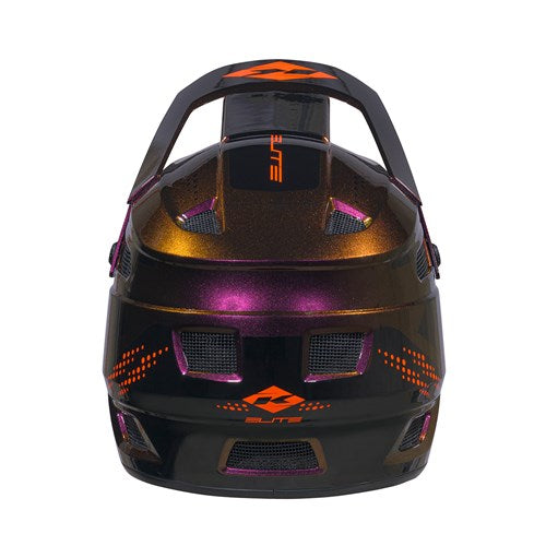 The Kenny Racing Helmet Elite Graphic Chameleon Orange is a matte black and chameleon orange helmet viewed from the front, featuring mesh vents and geometric designs with “Elite” centered on the top—its streamlined look draws inspiration from lightweight BMX helmets for optimal comfort and protection.