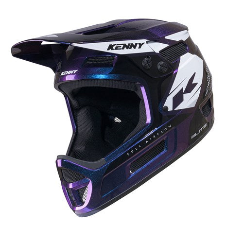 Introducing the Kenny Racing Helmet Elite Graphic Night Diamond: a black and purple full-face motocross helmet featuring striking white graphic accents and a visor. Combining the durability of BMX race helmets with a lightweight design, it delivers both protection and comfort for every ride.