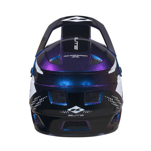 Front view of the Kenny Racing Helmet Elite Graphic Night Diamond in black and purple, featuring a lightweight design with a face guard, vent openings, and white logos displayed on the top and front.