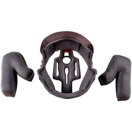 The Kenny Racing Decade Helmet Liner, featuring cheek pads and a crown liner in black and red, is displayed on a white background. This freshies set offers style and comfort for riders updating their gear.