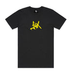 LUXBMX King Of BNE T-Shirt in black, showcasing a bold yellow graffiti-style design centrally placed with a logo featuring crossed lines. This limited edition tee, designed by Sean Gardner and inspired by KING OF BNE, adds a statement piece to any wardrobe.