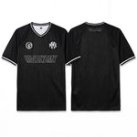 Front and back view of the LUXBMX MMX Soccer Jersey - Plain Back Print in black with white trim and logos "MMX," "LUXBMX," and a circular emblem. Pre-order this exclusive breathable BMX jersey now!.