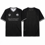 Front and back view of the LUXBMX MMX Soccer Jersey - Plain Back Print in black with white trim and logos "MMX," "LUXBMX," and a circular emblem. Pre-order this exclusive breathable BMX jersey now!.