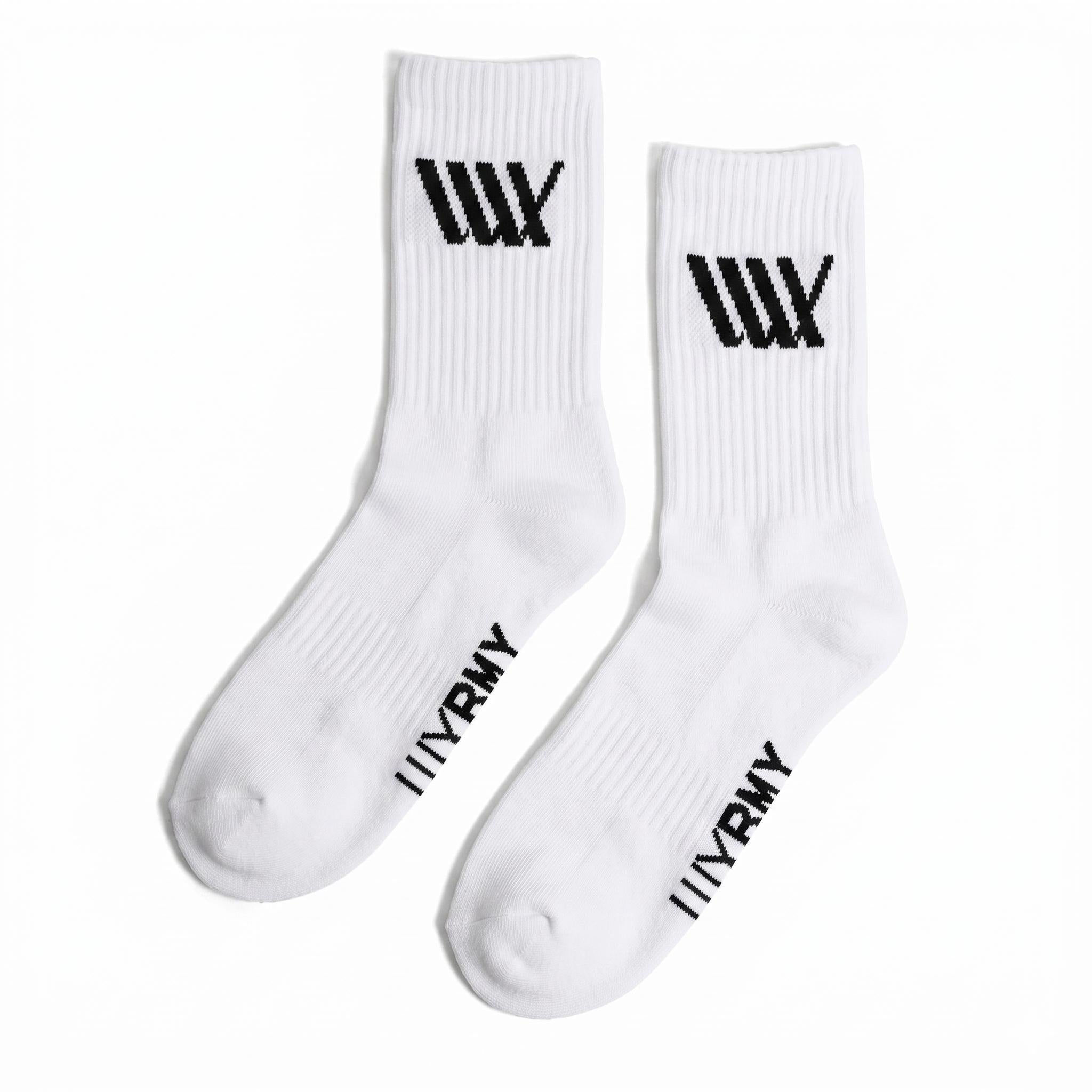 The LUXBMX Crew Socks (4 Pack Mix) feature white, durable crew socks with bold black graphic logos near the top and "WRNY" written on the foot area, offering both comfort and style for everyday wear.