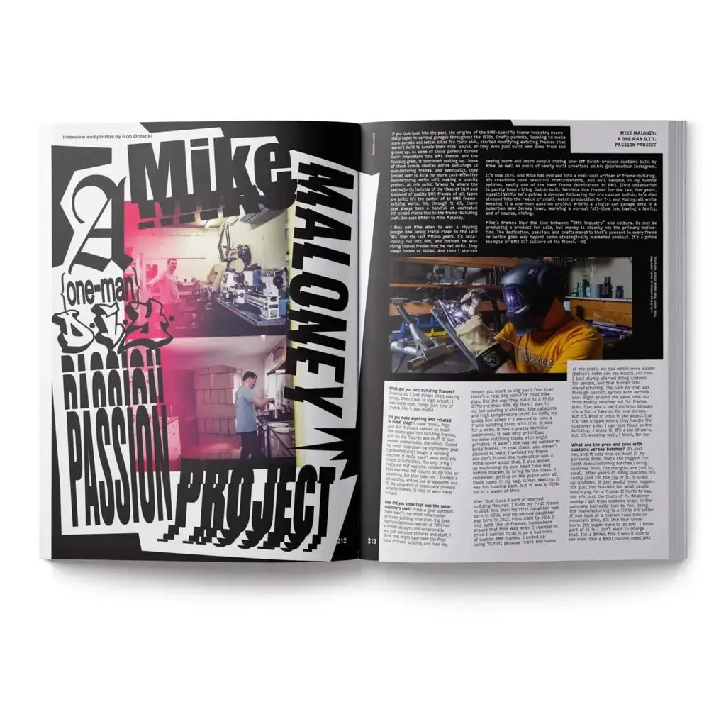 The DIG Book Issue 2025 features abstract text art, photos of a person welding in a workshop, and columns of BMX interviews on the right page.