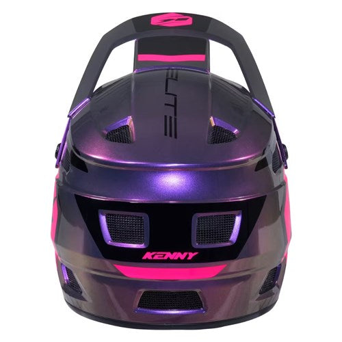 Front view of the Kenny Racing Elite Helmet in Magic Purple with glitter and varnish, featuring lightweight construction, black and pink accents, ventilation holes, and “KENNY” branding on the chin guard.