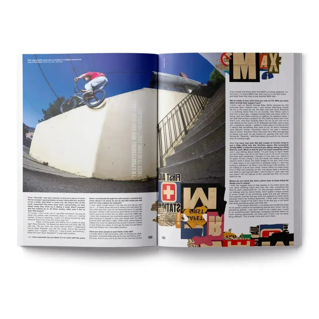 A magazine spread from DIG Book Issue 2025 shows a BMX rider performing a trick on a white ledge, paired with columns of text and collage-style graphics—ideal for fans of DIG BMX and in-depth interviews.