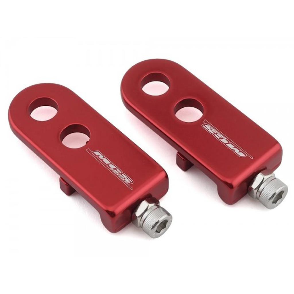 Two red MCS 3/8 Inch (10mm) Chain Tensioners made from 6061-T6 aluminum with circular cutouts, bolts, and a white MCS Bicycles logo, are displayed side by side on a white background.