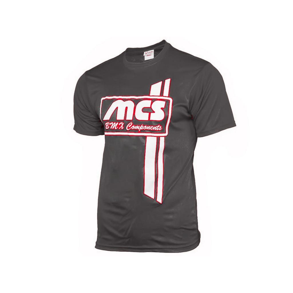 The MCS Verticle Stripes T-Shirt is dark gray with a red and white "MCS BMX Components" logo and two bold vertical stripes on the front, made from soft preshrunk cotton for comfort.
