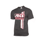 The MCS Verticle Stripes T-Shirt is dark gray with a red and white "MCS BMX Components" logo and two bold vertical stripes on the front, made from soft preshrunk cotton for comfort.