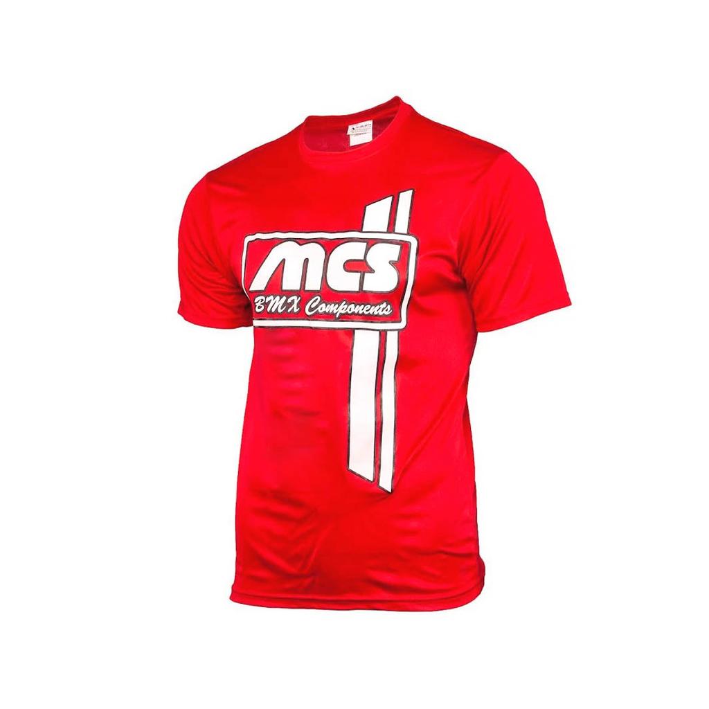 The MCS Verticle Stripes T-Shirt is a red, preshrunk cotton tee with a white and gray "mcs BMX Components" logo and two bold white vertical stripes on the front for lasting comfort and style.