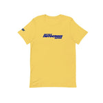The MCS BMXA Logo T-Shirt is a yellow tee made from soft Airlume cotton, featuring bold blue "Bicycle Motocross Action" lettering on the front and a small blue graphic on the left sleeve.
