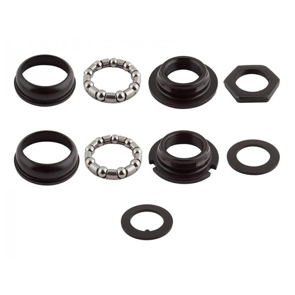 The MCS USA BB Set for one-piece cranks is ideal for old school BMX builds, featuring two bearing retainers, cups, locknuts, and washers—all displayed on a white background.