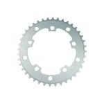 A silver MCS 110BCD 5 Bolt Chainring with "Vics Bicycles" and "40T" engraved on the top, featuring 40 teeth and multiple bolt holes for attachment, crafted from 6061 aluminium.
