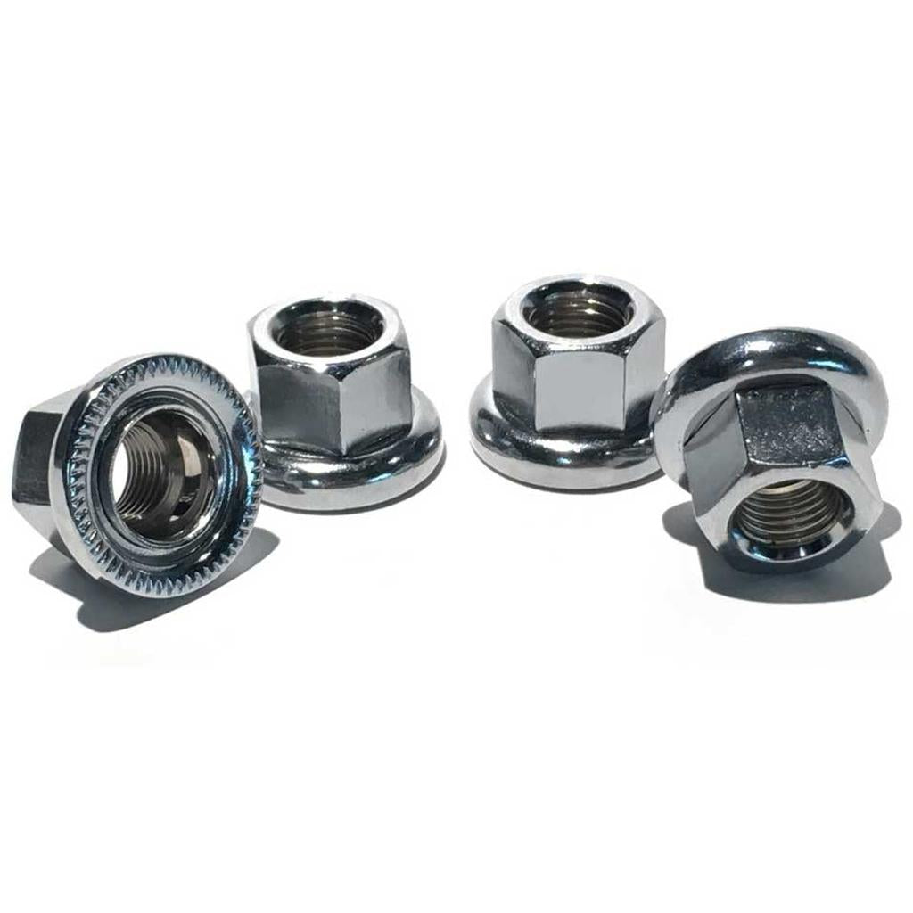 Four chrome MCS Spinner Axle Nuts (4 Pack) with serrated edges are displayed on a white surface, one positioned to reveal its internal threading—ideal for retro BMX parts fans.