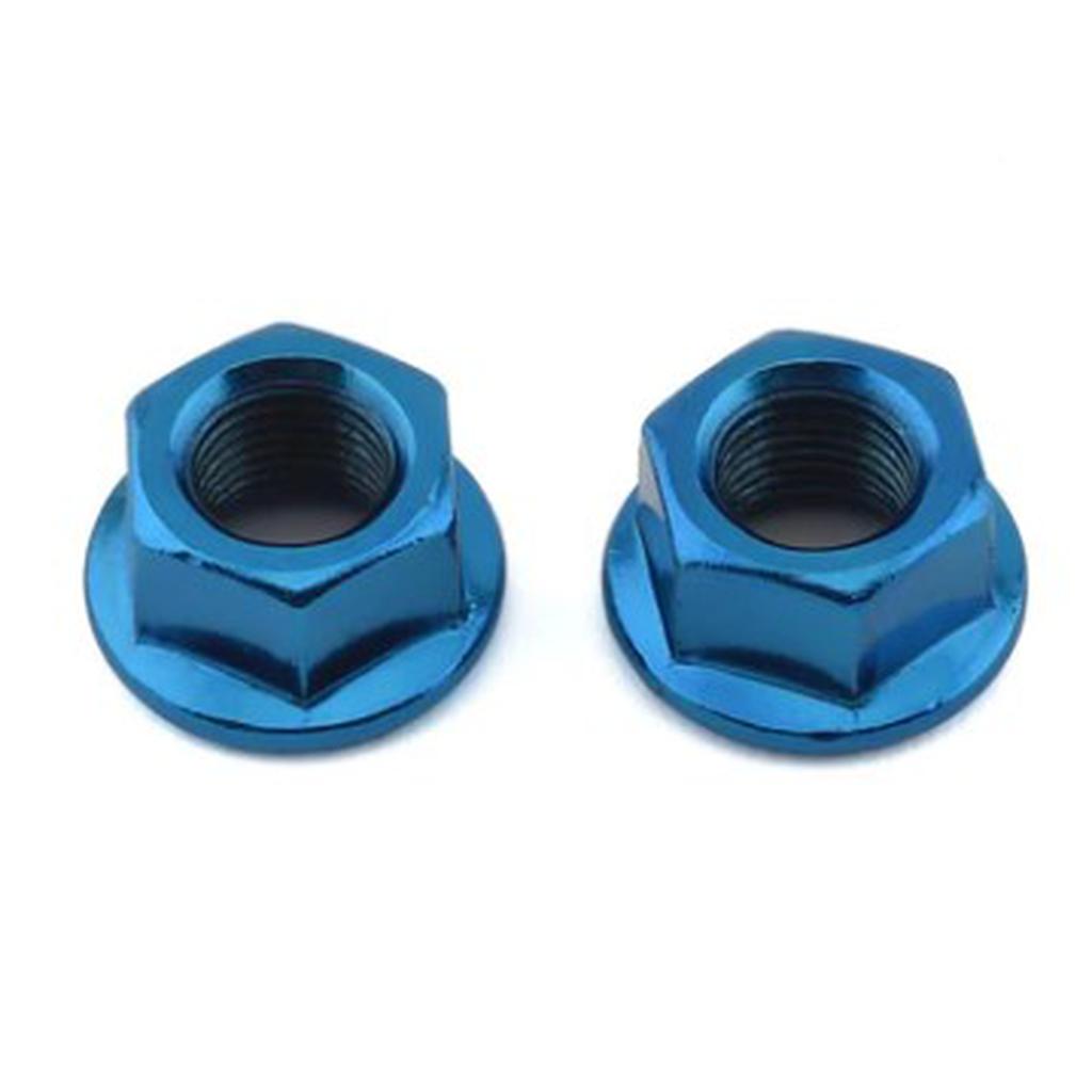 A pair of MCS Axle Nuts, 3/8" 26TPI steel with ED color coating in metallic blue, are placed side by side on a white background.