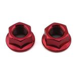 A pair of MCS Axle Nuts is shown side by side on a white background. Each nut is red, hexagonal, made of steel, measures 3/8", and has a 26TPI threaded interior.