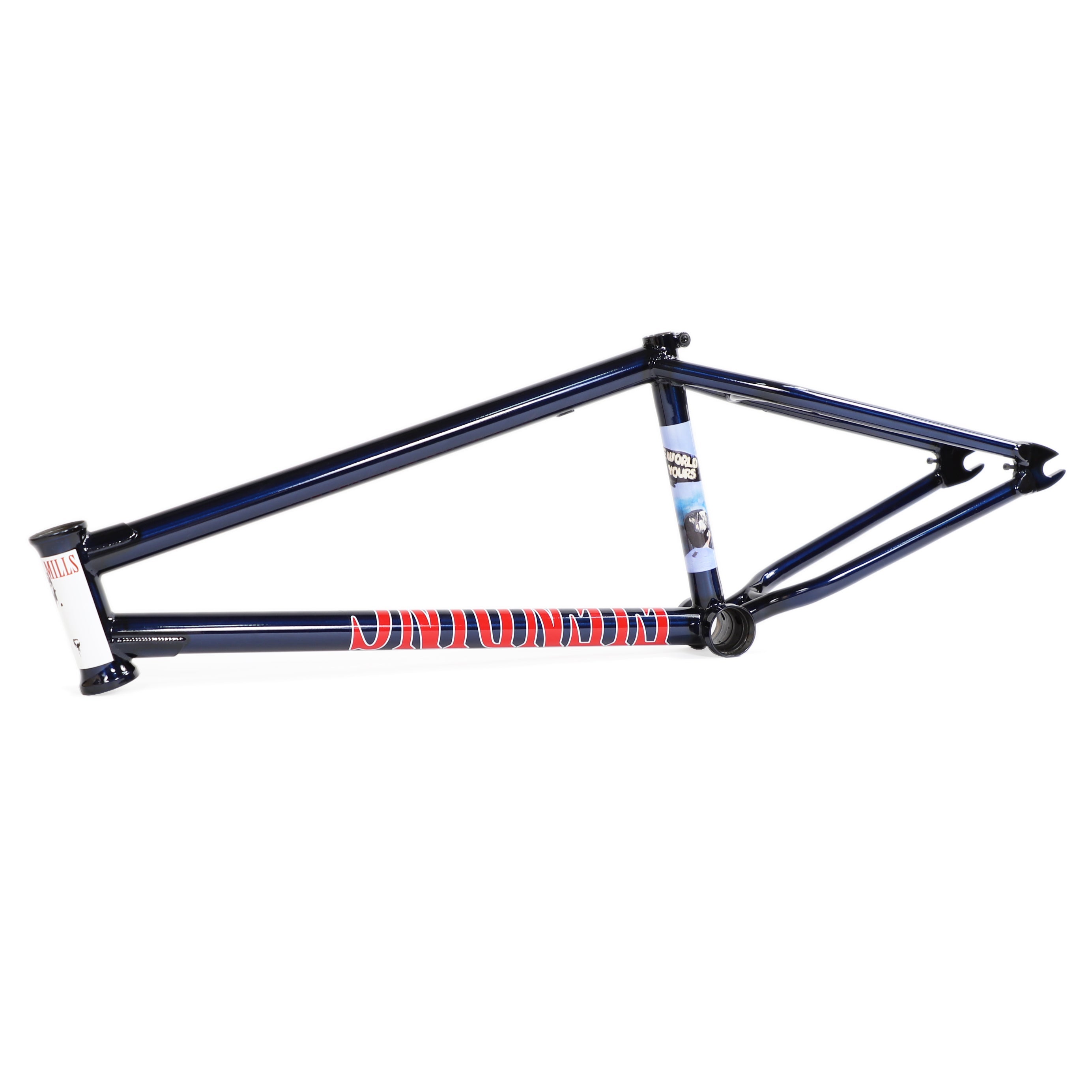 The Fiend Mills Frame is a navy blue BMX frame made from durable chromoly tubing, with red and white branding on the downtube and a small seat tube graphic, shown on a white background.