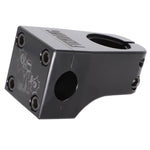 The Fiend Mills Front Load Stem is a black CNC aluminum BMX stem with four hex bolts and a front engraved logo, shown angled to highlight its mounting holes and clamp opening for a retro look.