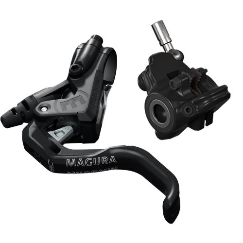 Magura MT4 1-Finger Flat Mount Disc Brake Kit hydraulic bicycle disc brake levers and calipers on a transparent background.