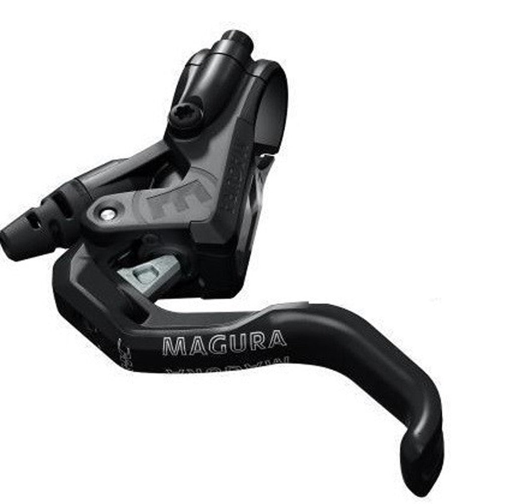 A picture of a bike brake with Magura MT5 1-finger HC Post Mount Disc Brake Kit on a white background.