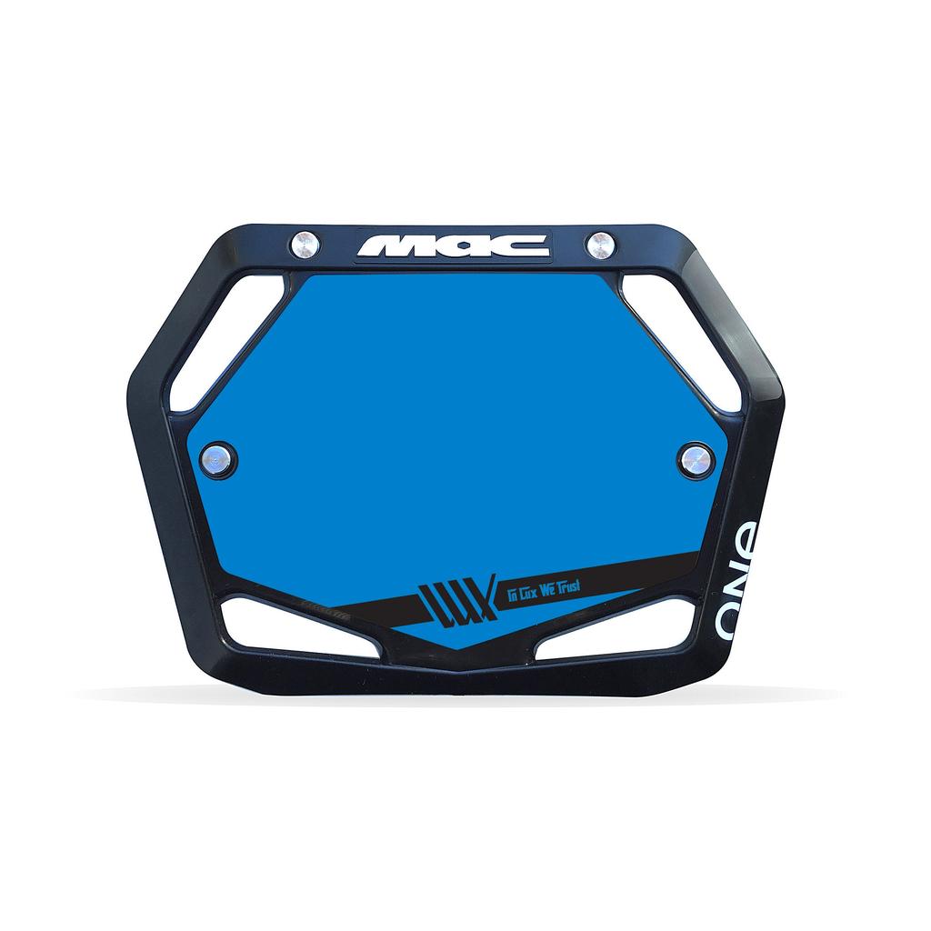 A black and blue hexagonal Mac Components Junior Plate Insert with "MAC" on top and "ONE" on the right, designed to meet UCI race rules for cycling events.