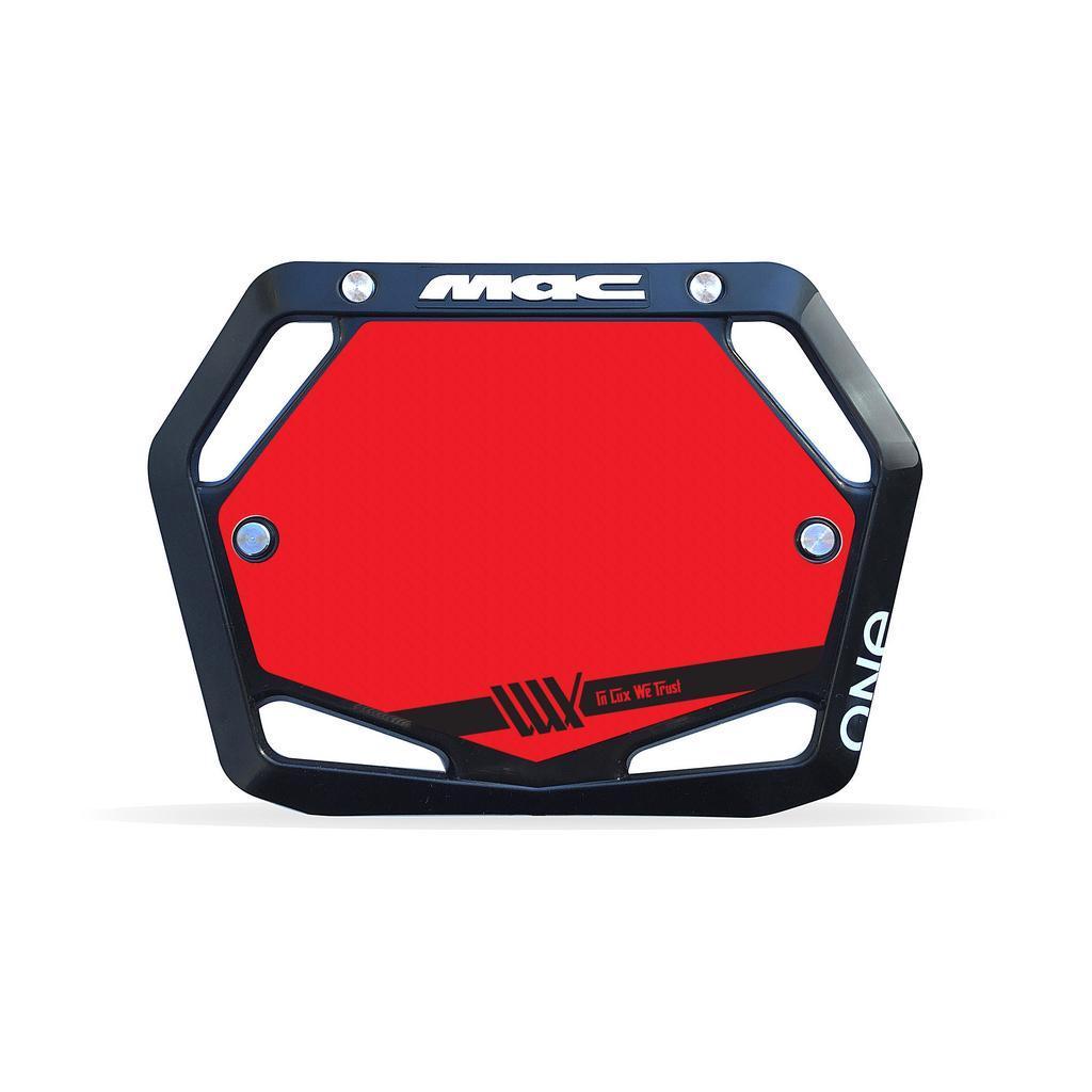 The Mac Components Junior Plate Inserts are black and red cycling number plates featuring "MAC" at the top, "ONE" on the side, and four mounting holes to meet UCI race rules.