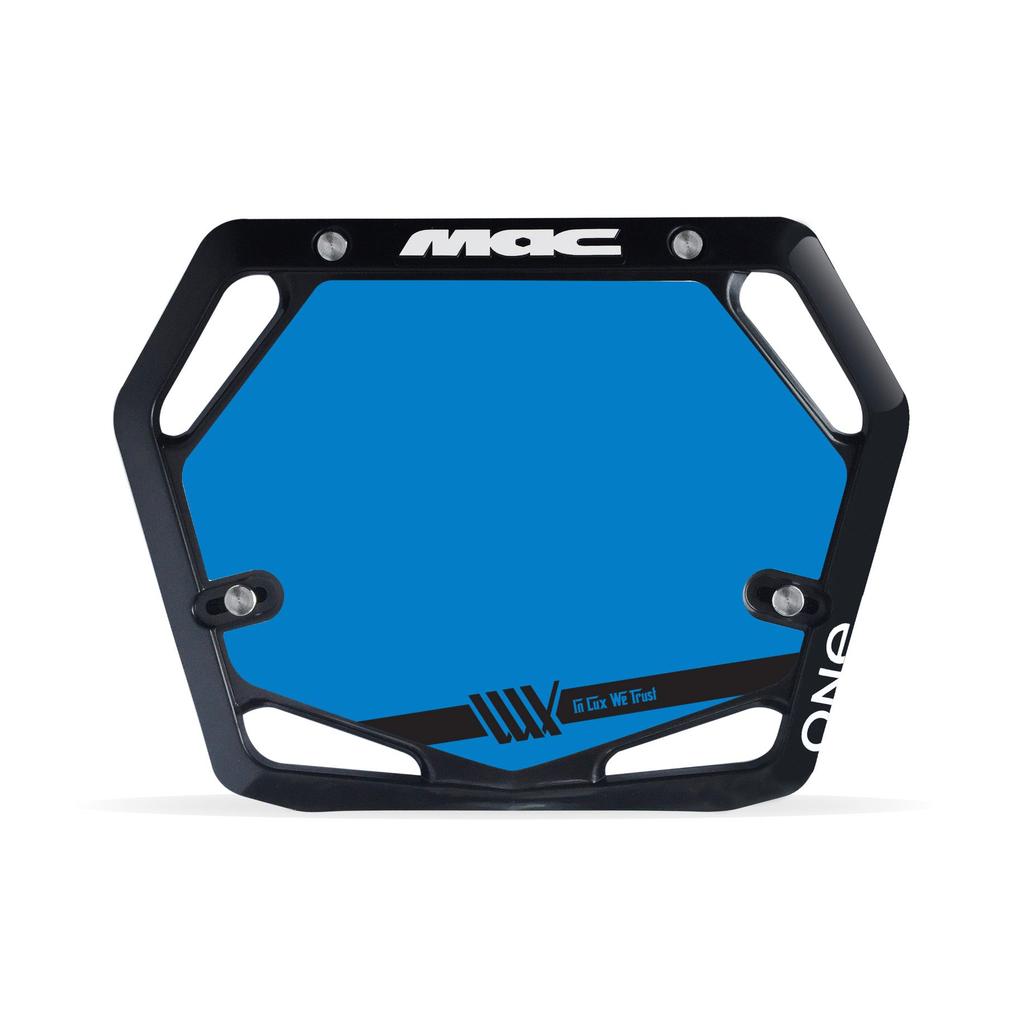 The Mac Components Pro Plate Inserts are black and blue BMX number plates with "MAC ONE" at the top and side, race number backgrounds, a "WE THE PEOPLE" logo at the bottom, and comply with UCI AusCycling rules for Mac Pro Plate backing inserts.