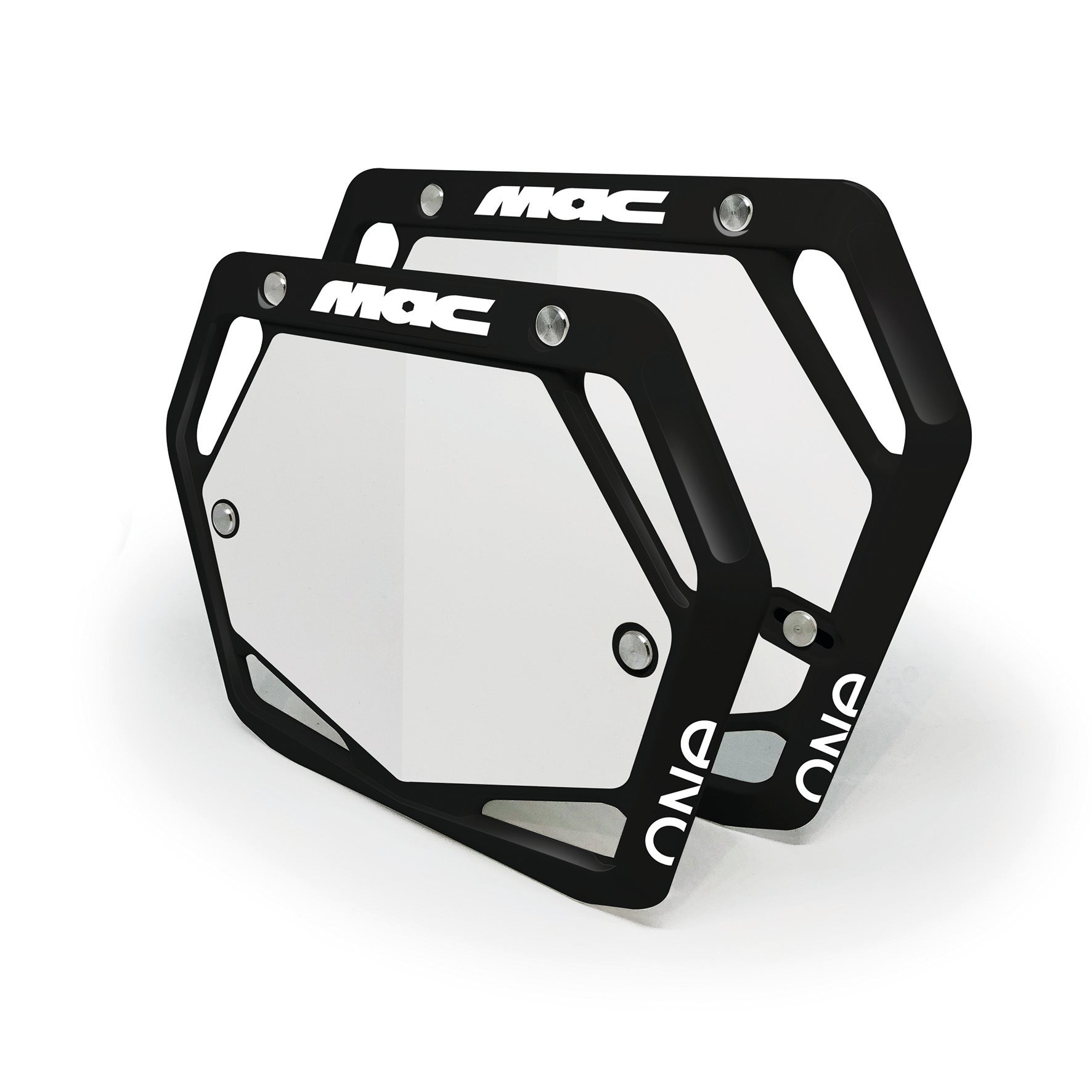 Two black and white Mac Components Pro Plate metal license plate frames with “MAC” and “ONE” text, stacked with slight overlap—ideal for BMX fans or anyone who loves top Aussie brand style.