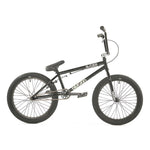 Introducing the Division Blitzer 20 Inch Bike: This sleek black BMX bike boasts "Fusion" branding on a white background, and features a hi-tensile frame, padded seat, straight handlebars, and thick tires.