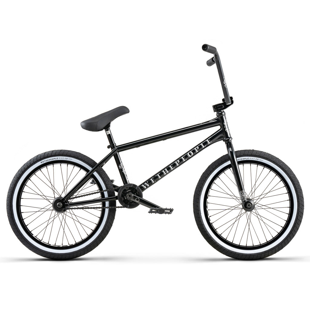 The Wethepeople Battleship 20 Inch BMX Bike, made of 4130 Chromoly, features hydro formed gussets. This black bmx bike stands out on a clean white background.