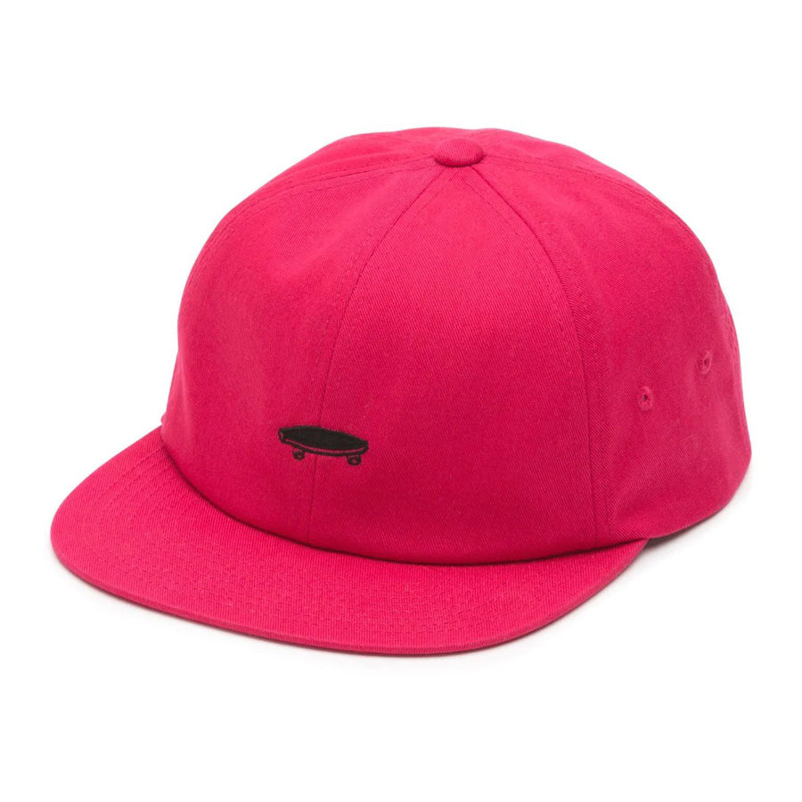 A Vans Salton II hat in pink with a black skateboard embroidery logo on it.