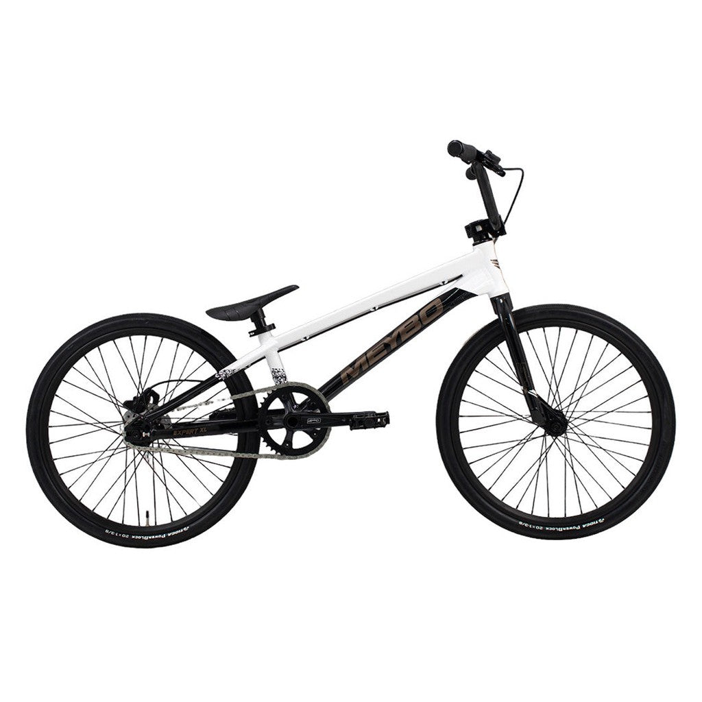 A white and black Meybo 2024 Superclass Expert XL BMX racing bike on a white background.